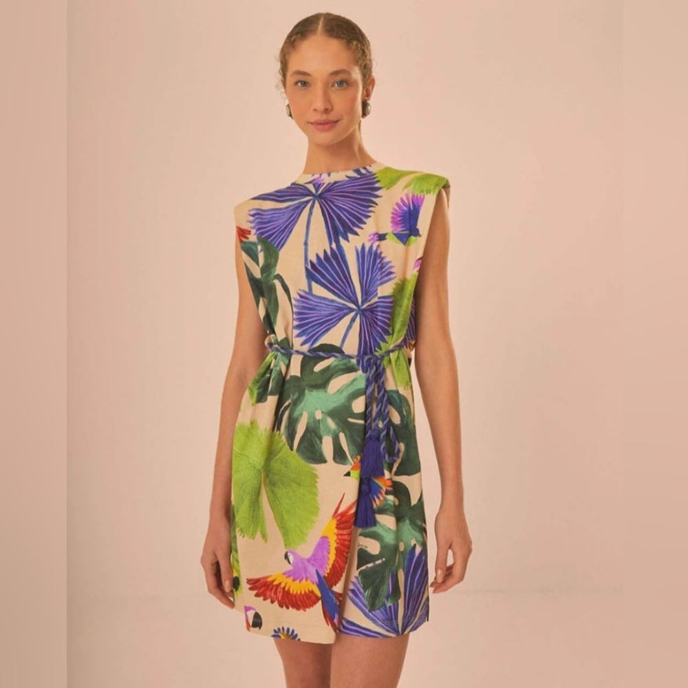Farm Rio Sand Macaw Jungle Organic Cotton T-Shirt Dress - NEW